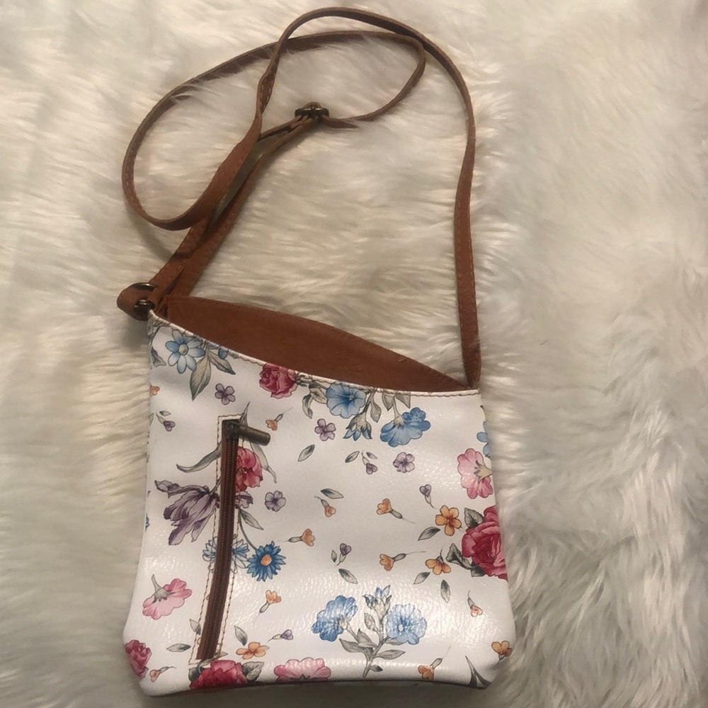 Floral Crossbody Bag with Brown Trim - Women's Crossbody